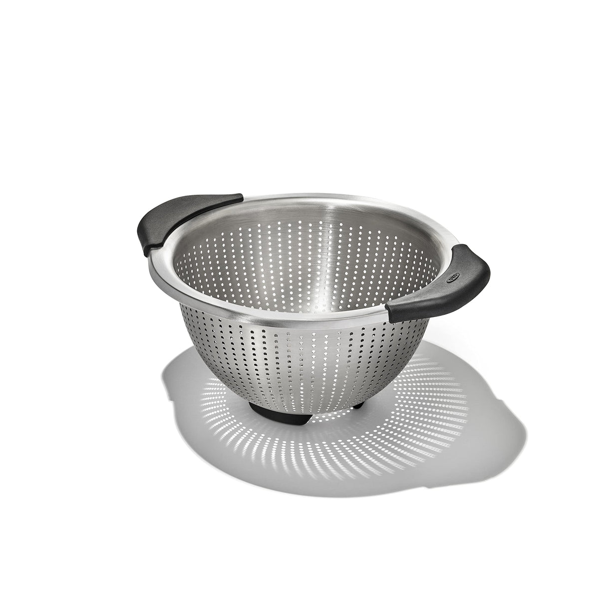 OXO Good Grips strainer front view showing sleek stainless steel and stable design benefit