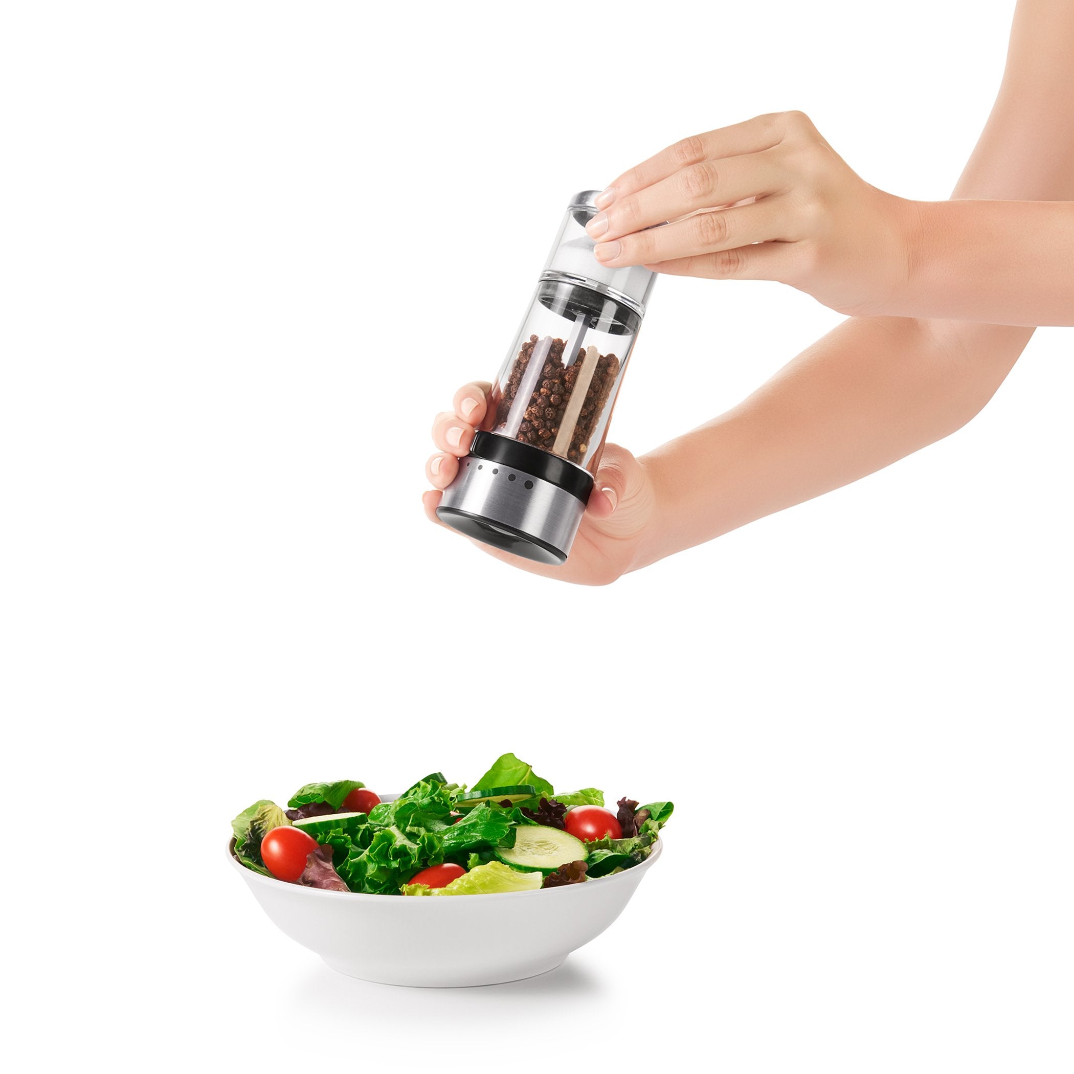 OXO Good Grips top cap detail highlighting easy-open salt refill feature and convenience