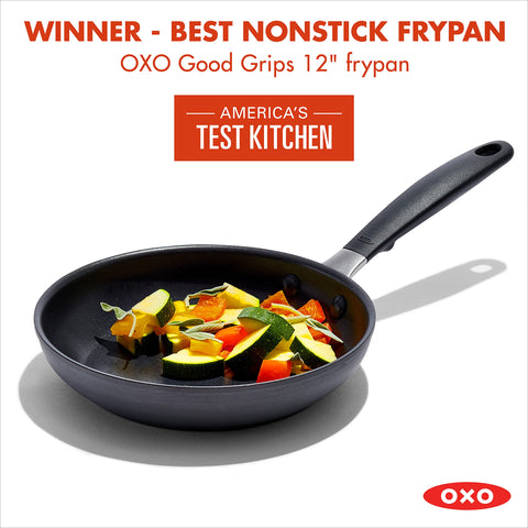 OXO Good Grips top view cooking eggs illustrating nonstick release benefit