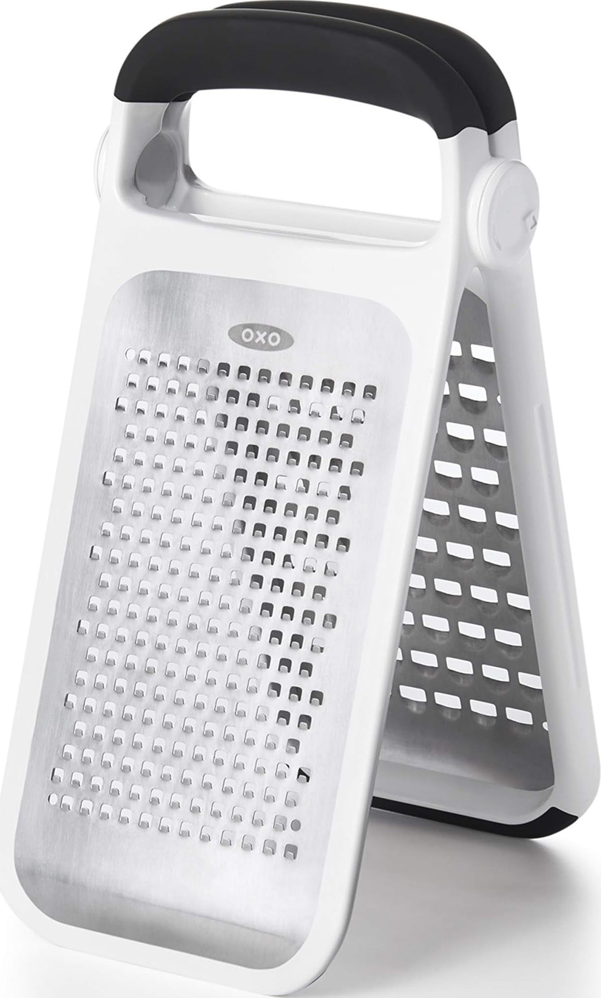 OXO front view of two-fold grater showing dual stainless faces and handle for versatile use