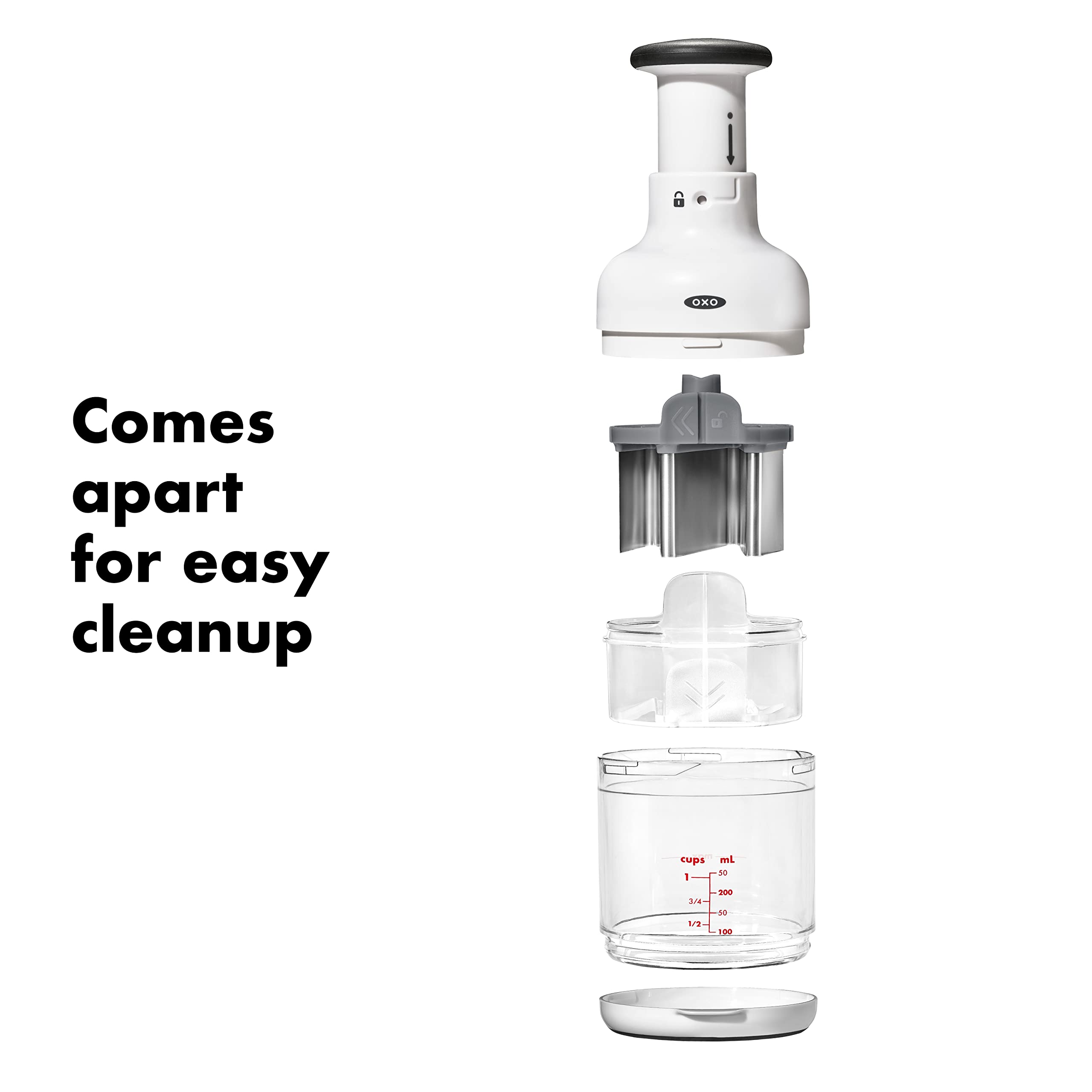 OXO Good Grips unit disassembled for easy cleaning and dishwasher-safe parts
