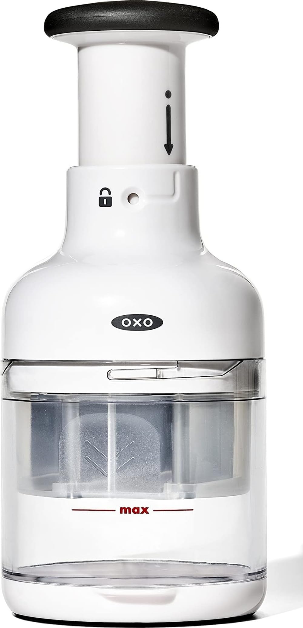 OXO Good Grips chopper front view showing catcher cup and knob for quick prep