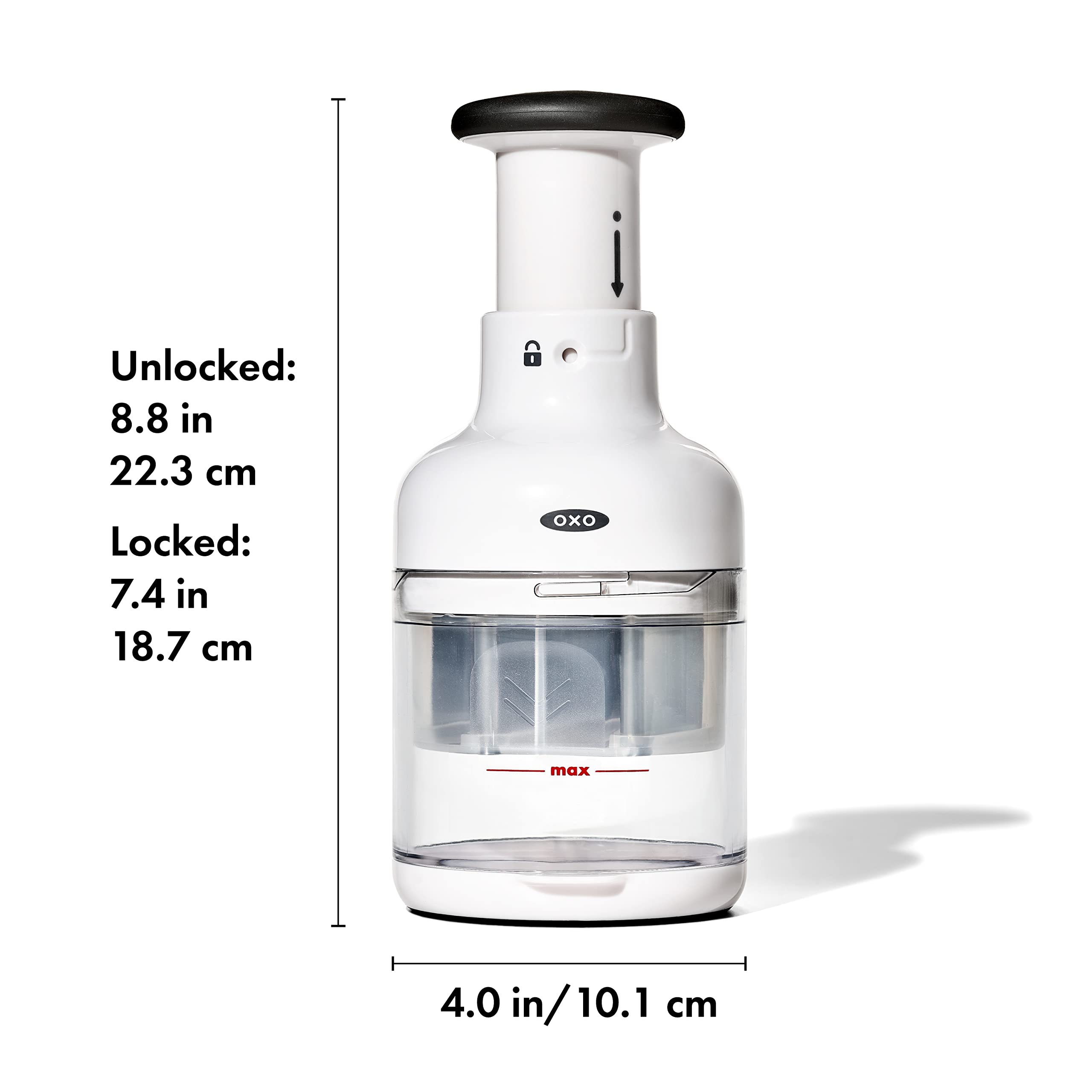 OXO Good Grips chopper beside hand and knife to show compact space-saving size