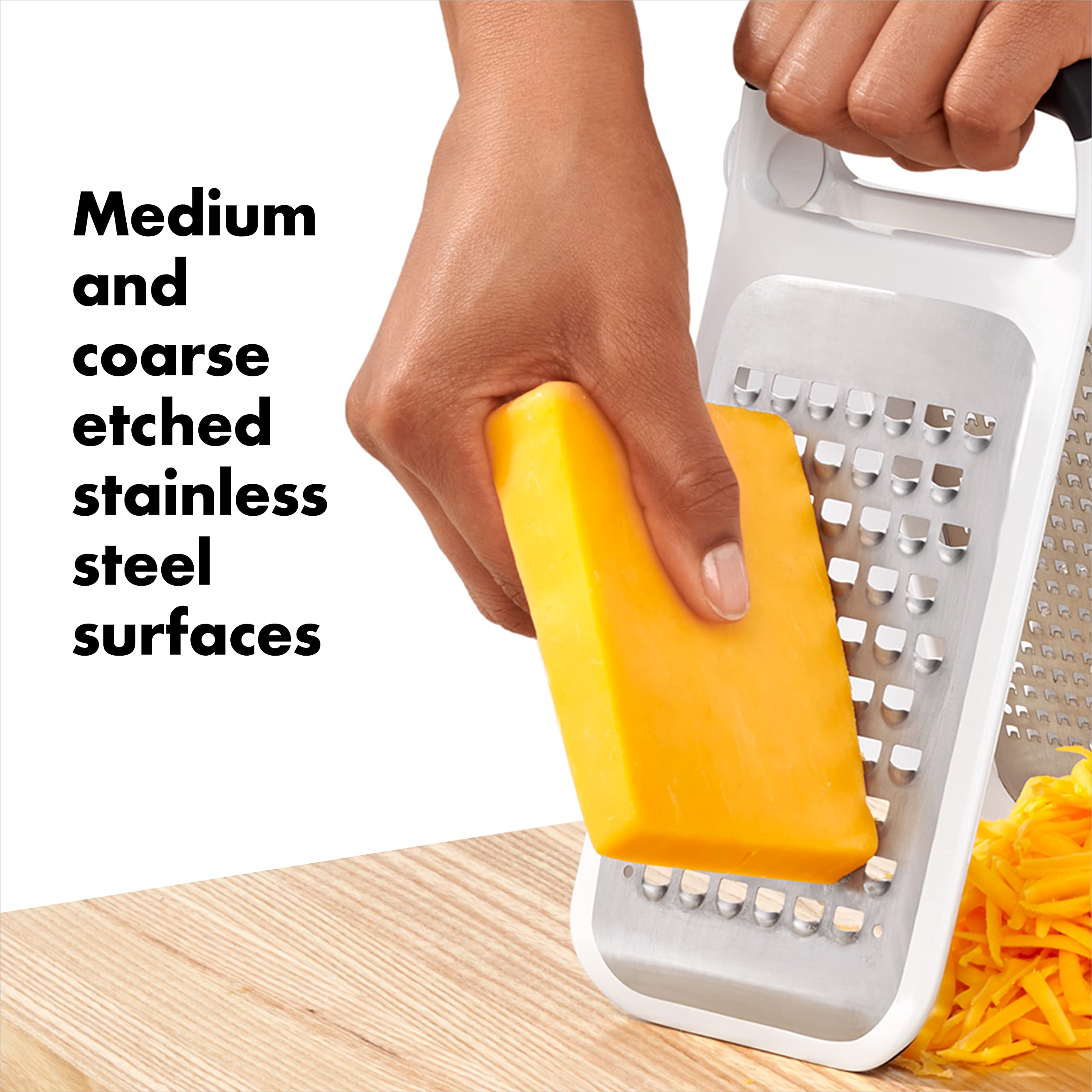 OXO soft-grip handle and non-slip feet detail providing comfort and countertop stability