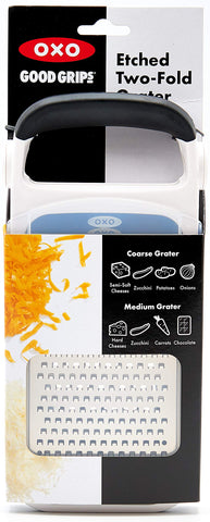 OXO grater beside kitchen spoon showing compact size and easy storage comparison