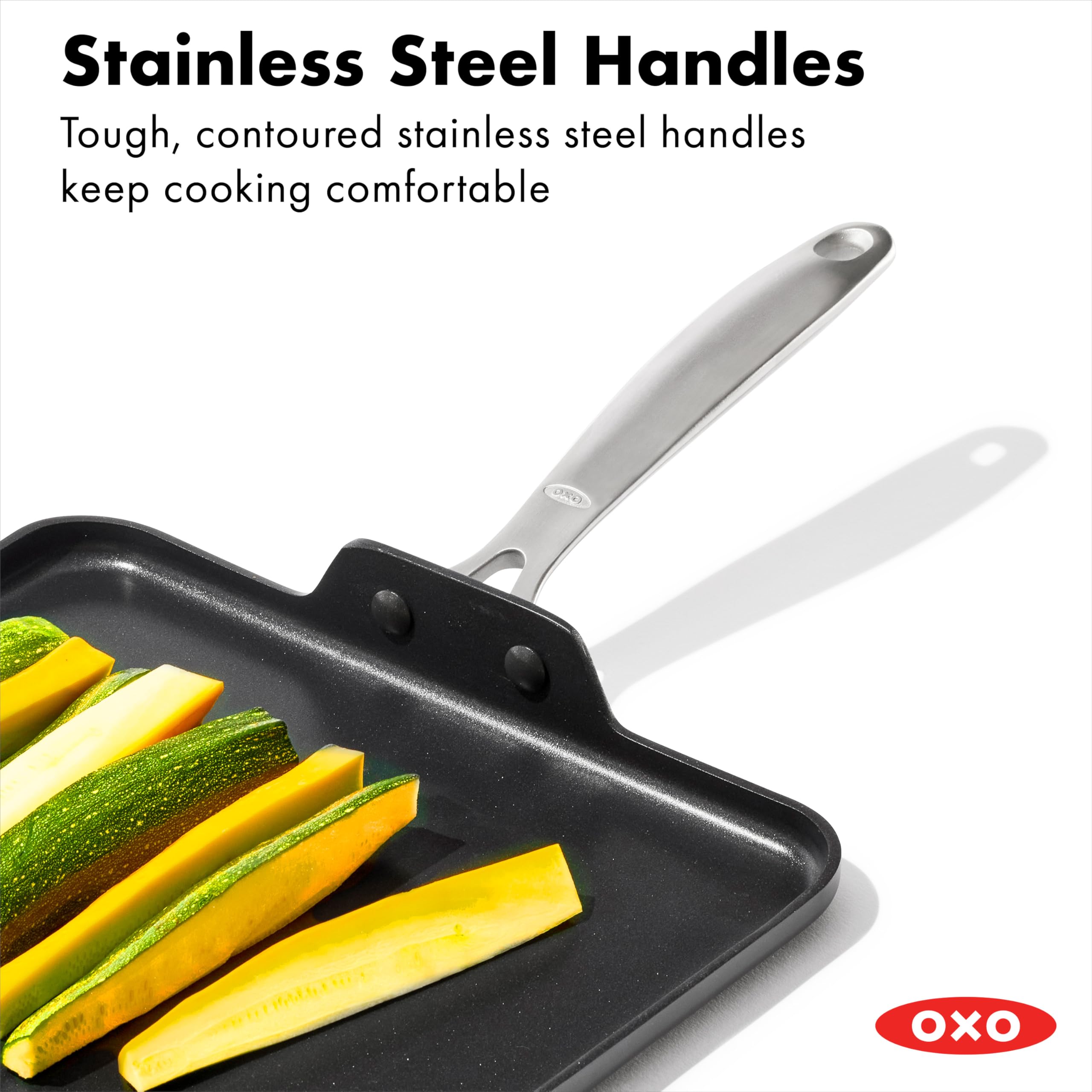OXO handle and rivets detail demonstrating secure stainless steel grip benefit