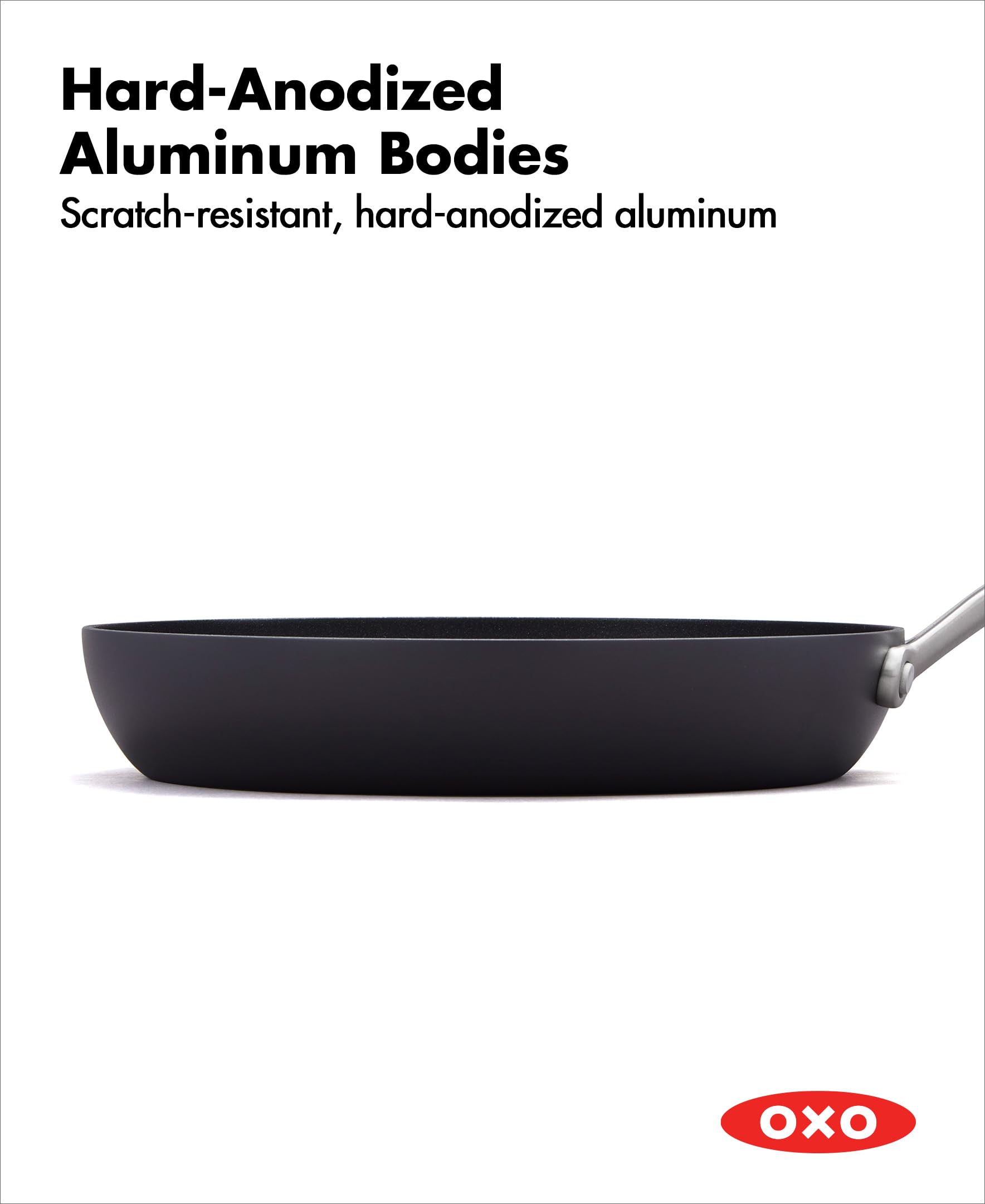 OXO stainless steel handle and seamless rivets detail for secure grip and hygiene