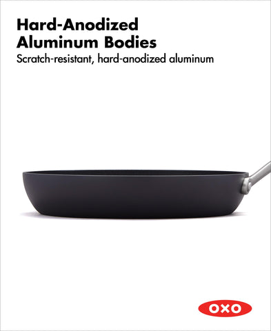 OXO stainless steel handle and seamless rivets detail for secure grip and hygiene