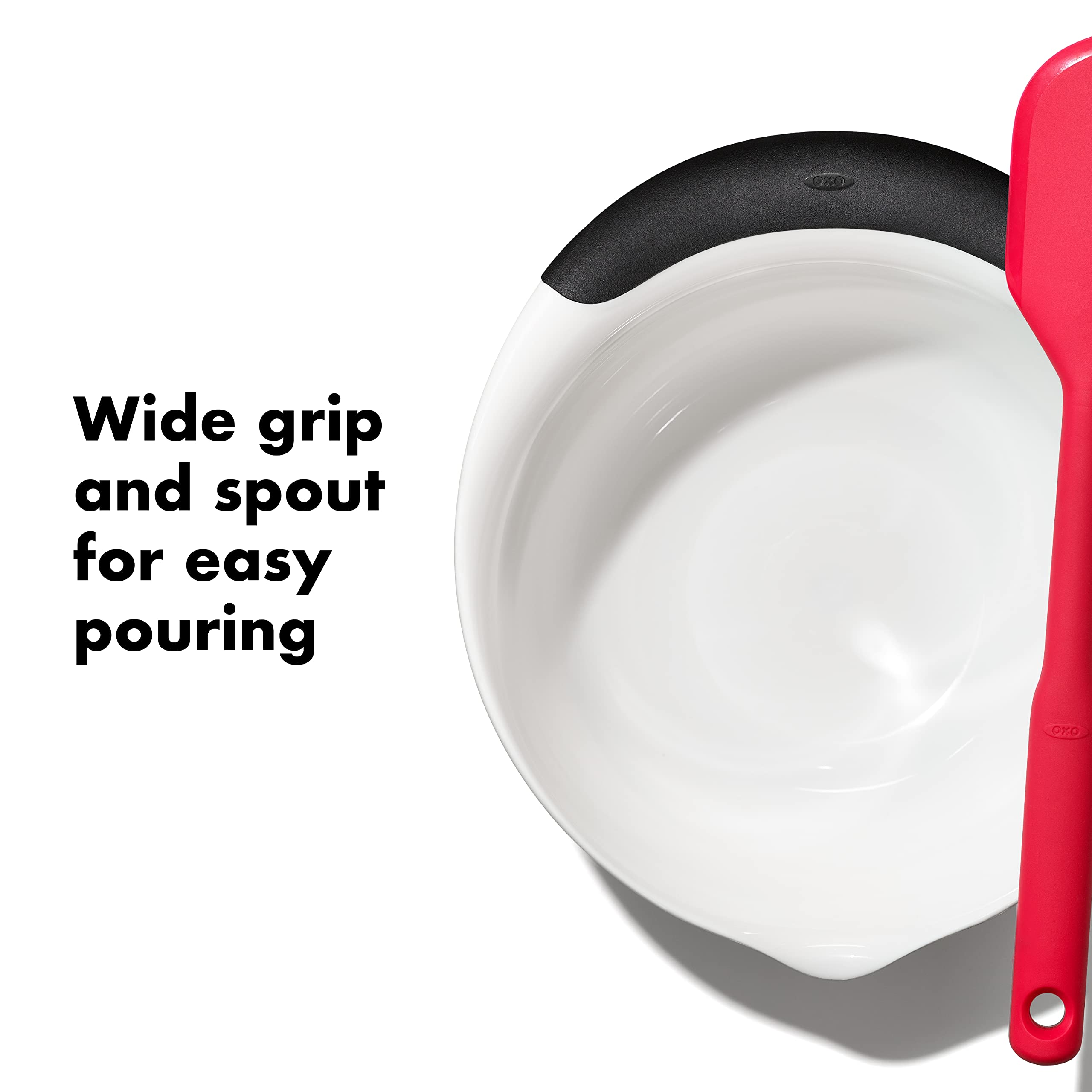 OXO soft-grip handle detail offering comfortable control when stirring