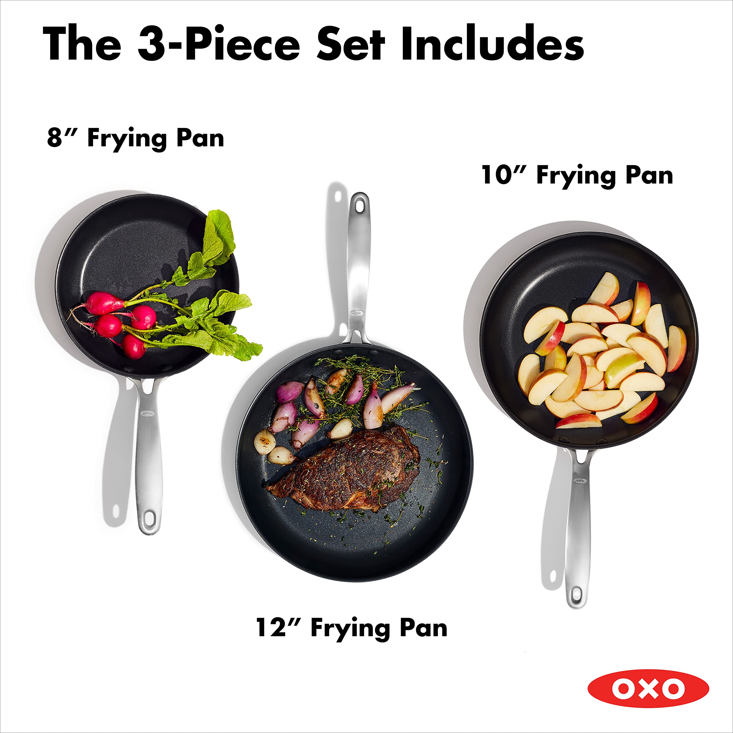 OXO ergonomic stainless steel handle detail offering secure comfortable grip