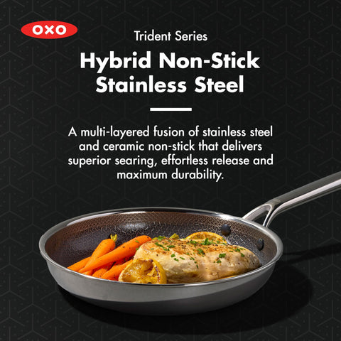 OXO underside showing tri-ply base and even-heat design for consistent cooking