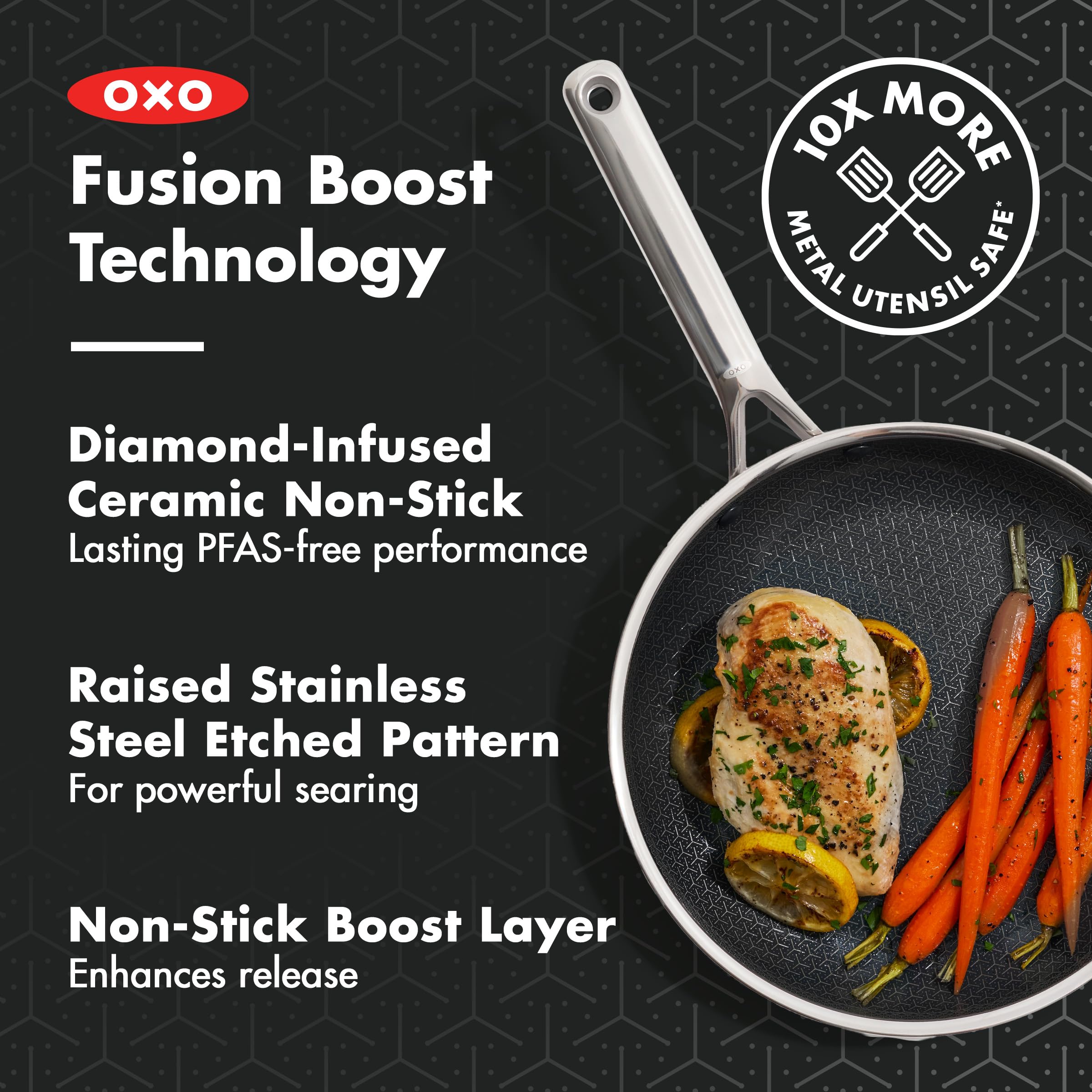 OXO close-up of diamond-infused ceramic surface highlighting durable nonstick release