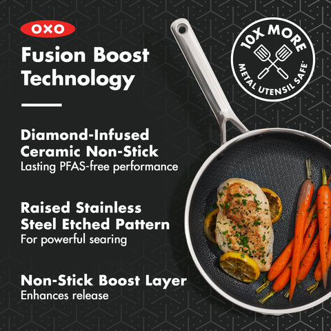 OXO close-up of diamond-infused ceramic surface highlighting durable nonstick release
