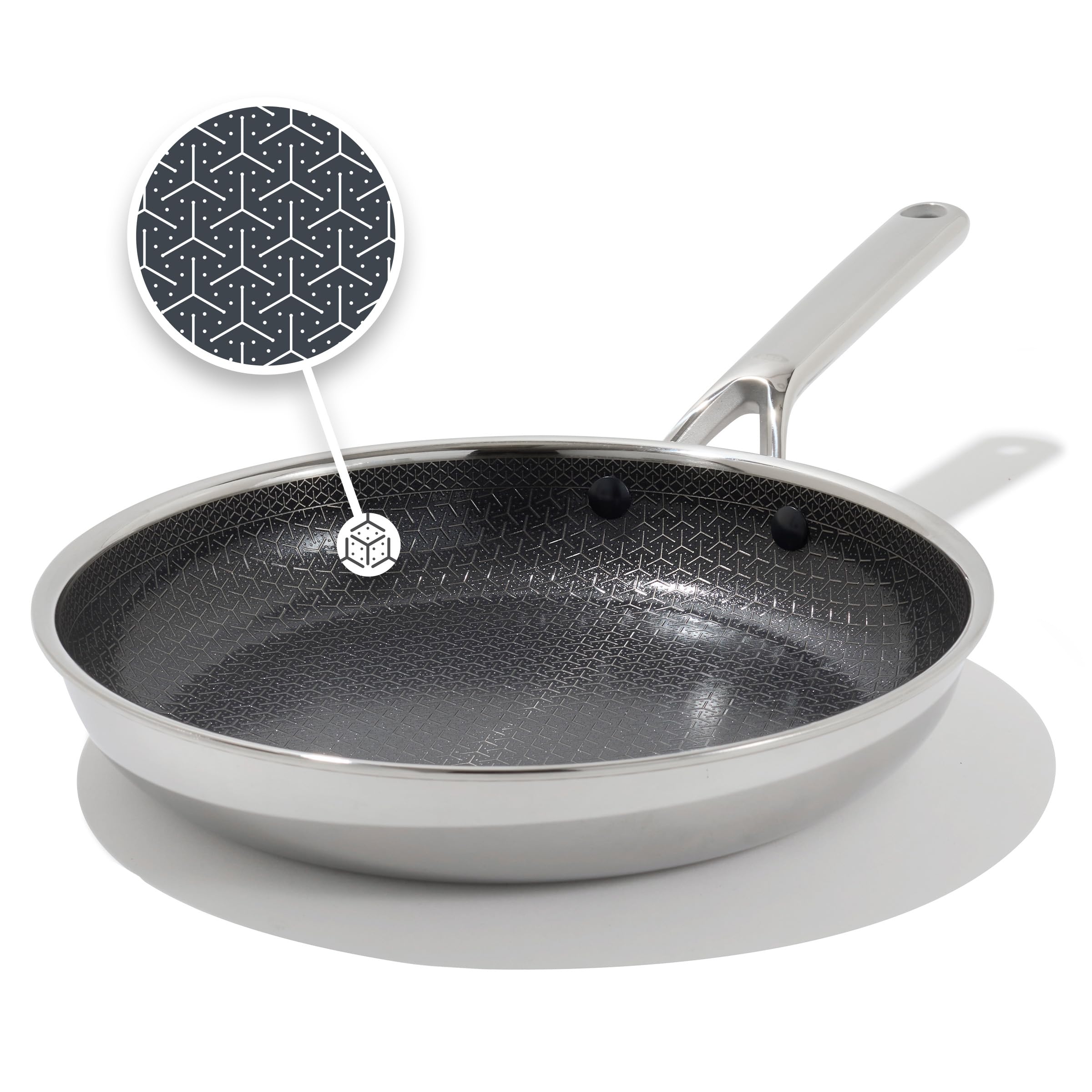 OXO front view of 10 inch hybrid pan showing polished finish and cooking surface benefits