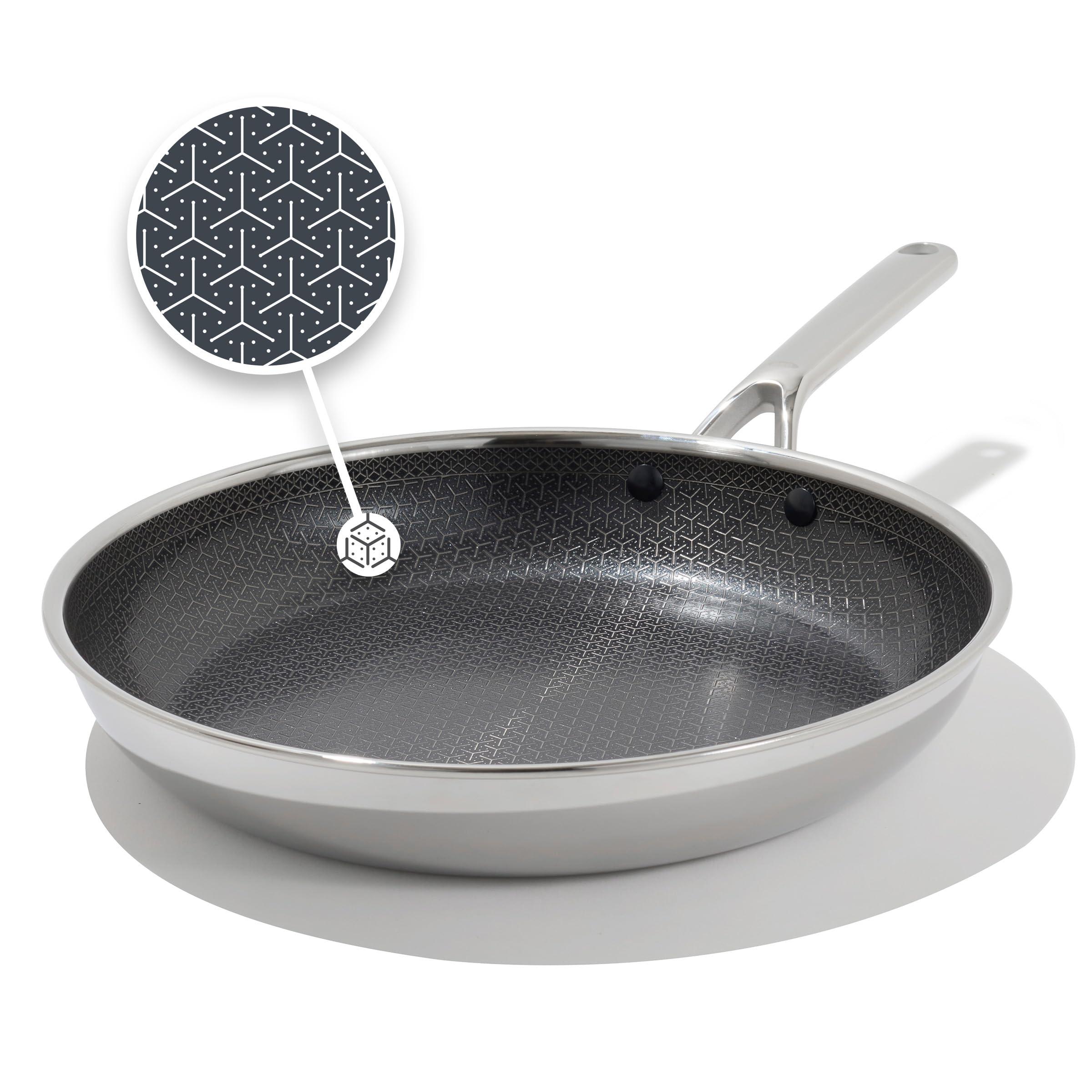 OXO Hybrid 12" front view showing mirror-polished tri-ply finish and broad cooking surface benefit