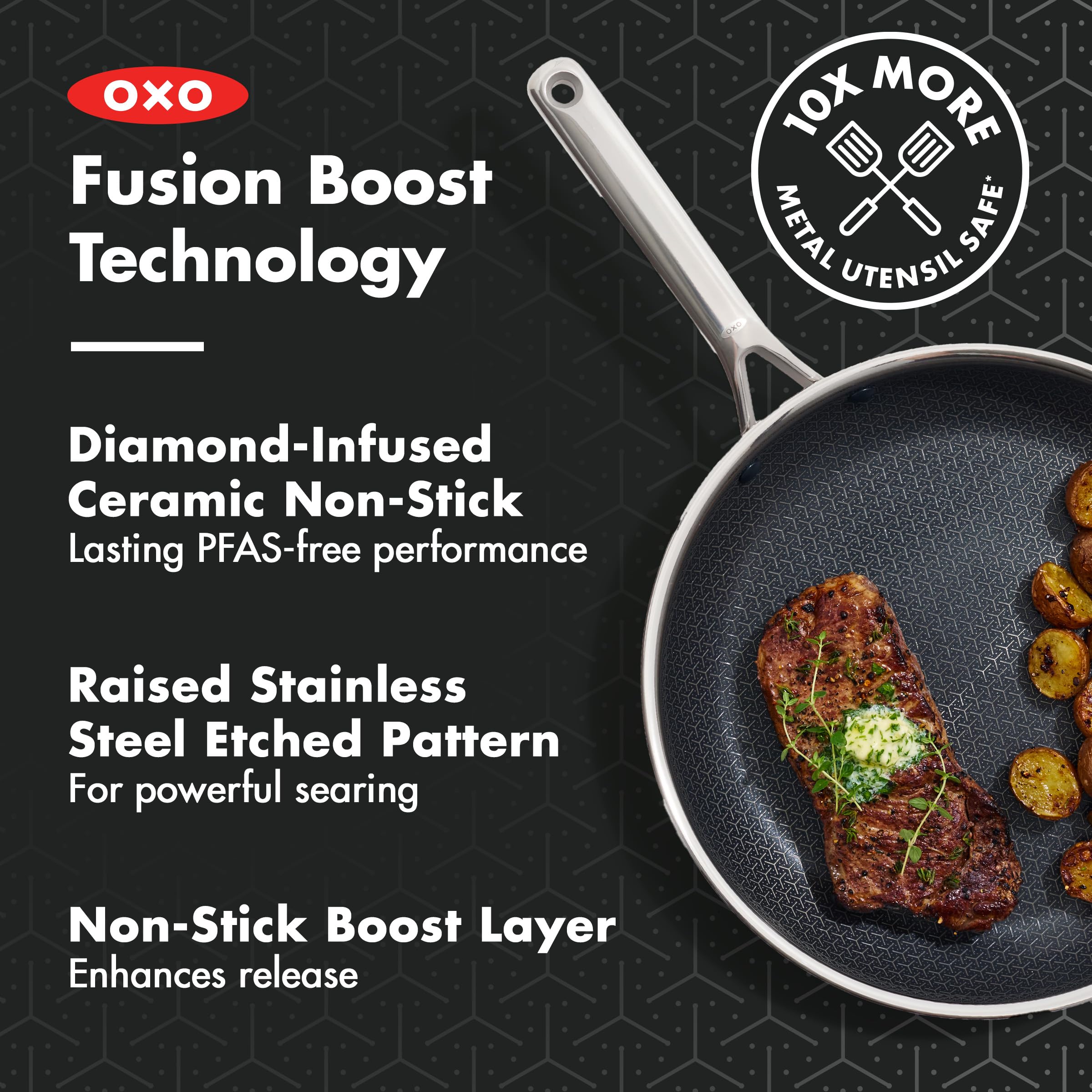 OXO Hybrid contoured stainless handle detail for secure grip and stovetop-to-oven comfort