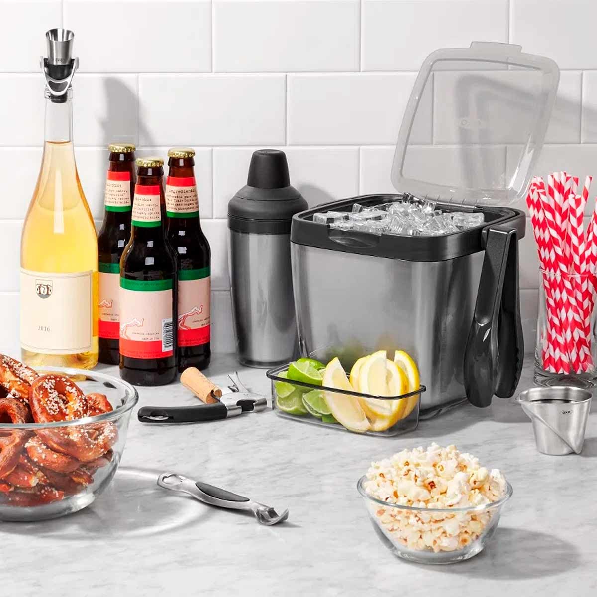 OXO garnish tray close-up inside bucket, keeps garnishes chilled and separate