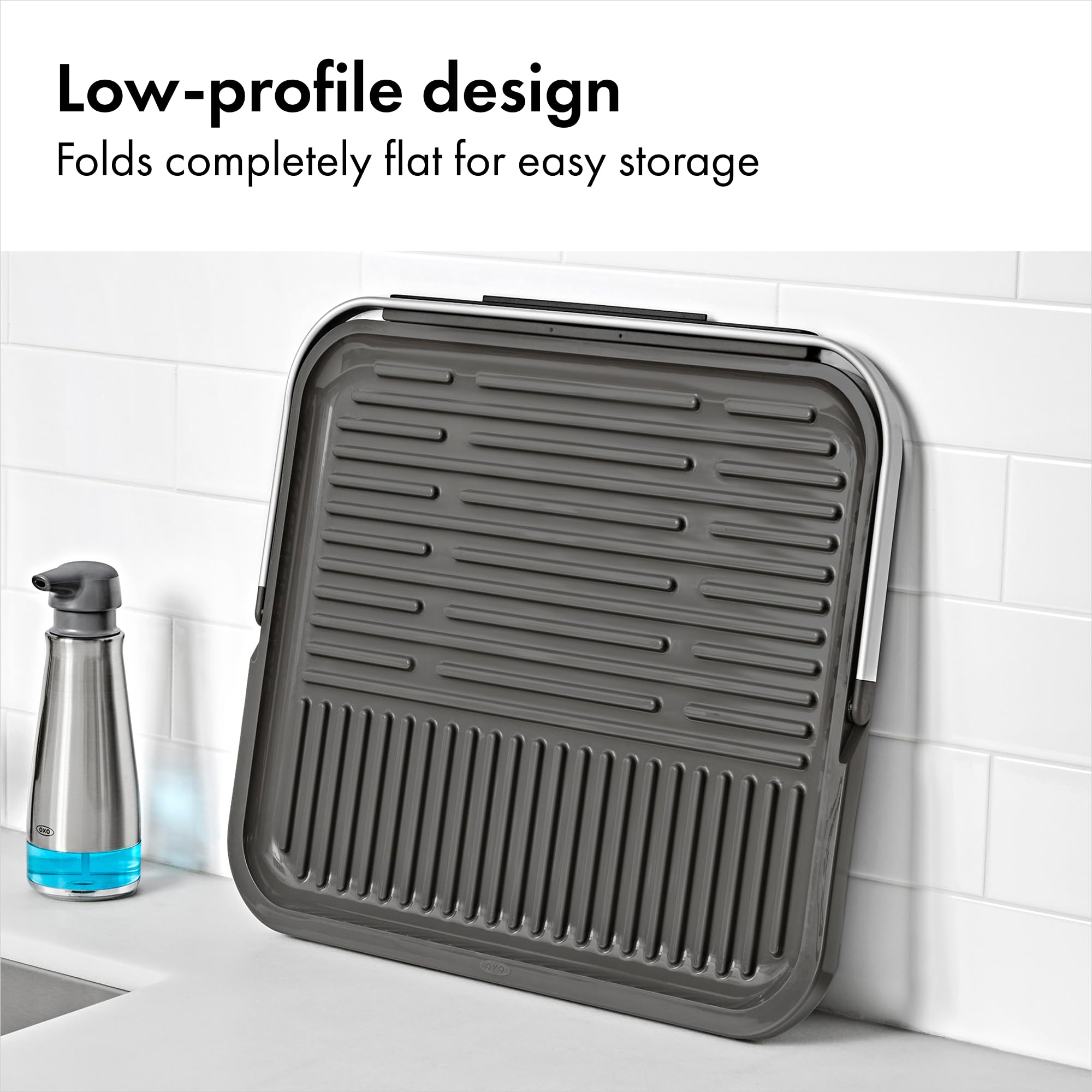 OXO rack inside kitchen sink demonstrating convenient sink placement benefit
