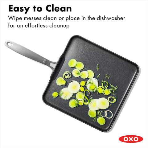 OXO in use with pancakes cooking showing even browning and easy release benefit