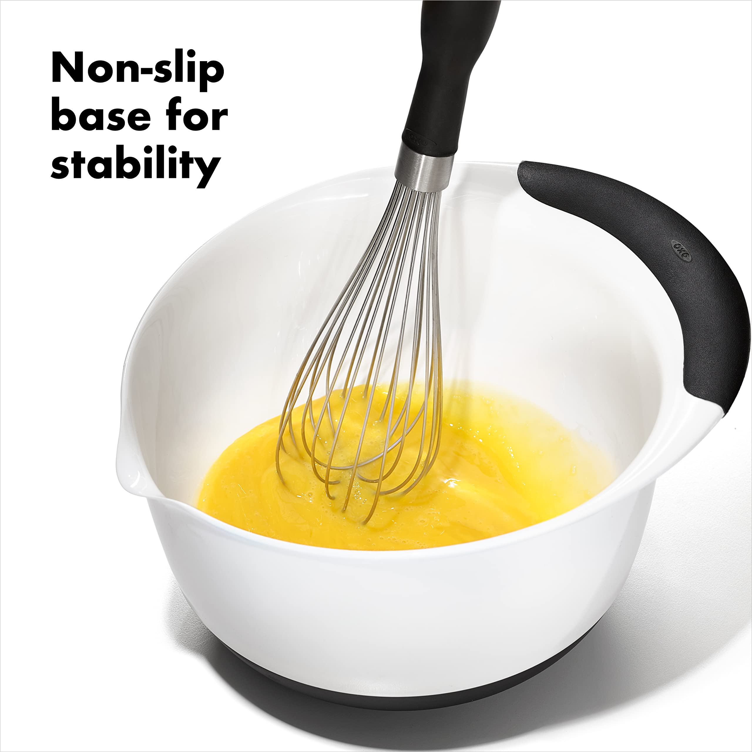 OXO whisking batter in bowl demonstrating secure non-slip performance