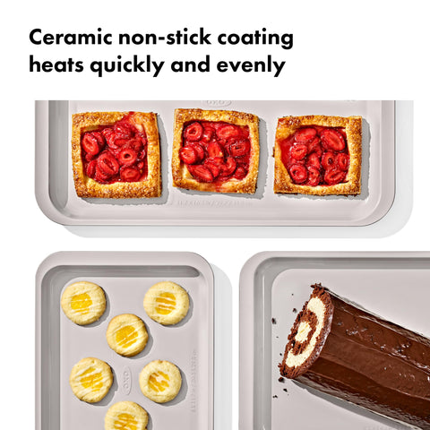 OXO jelly roll pan angled close-up showing zero-draft walls for straight cakes