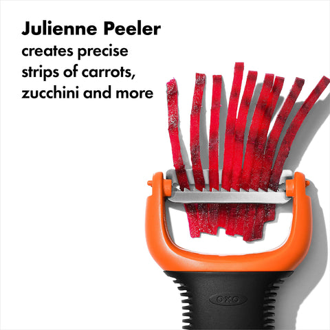 OXO julienne peeler producing uniform vegetable noodles quickly