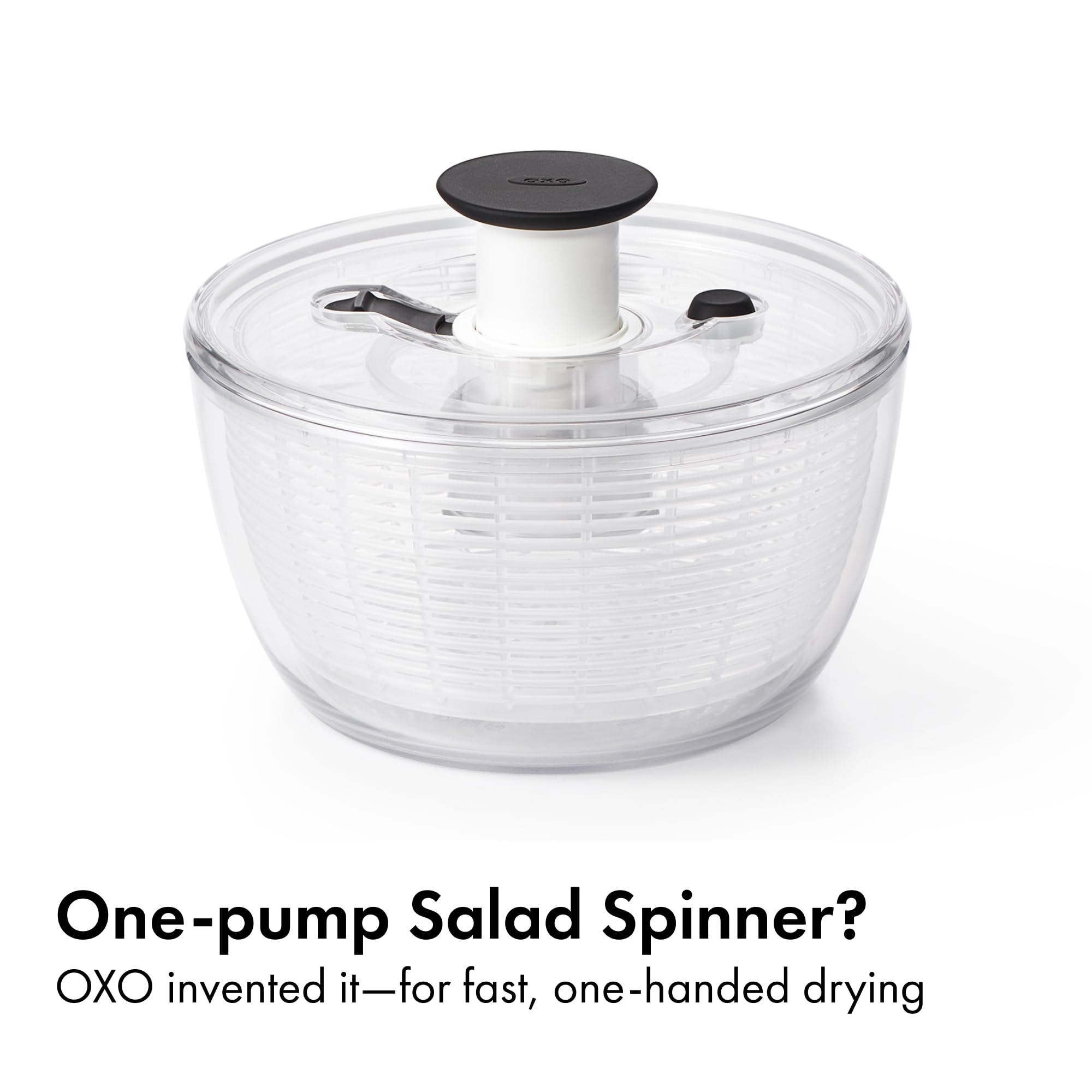 OXO close-up of soft pump knob demonstrating one-touch spinning advantage