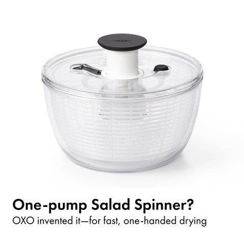 OXO close-up of soft pump knob demonstrating one-touch spinning advantage