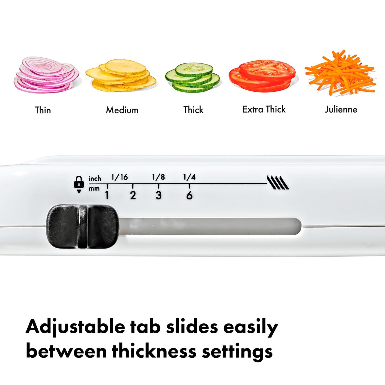 OXO mandoline julienne blade slicing vegetables for uniform matchstick cuts