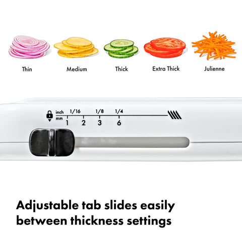 OXO mandoline julienne blade slicing vegetables for uniform matchstick cuts