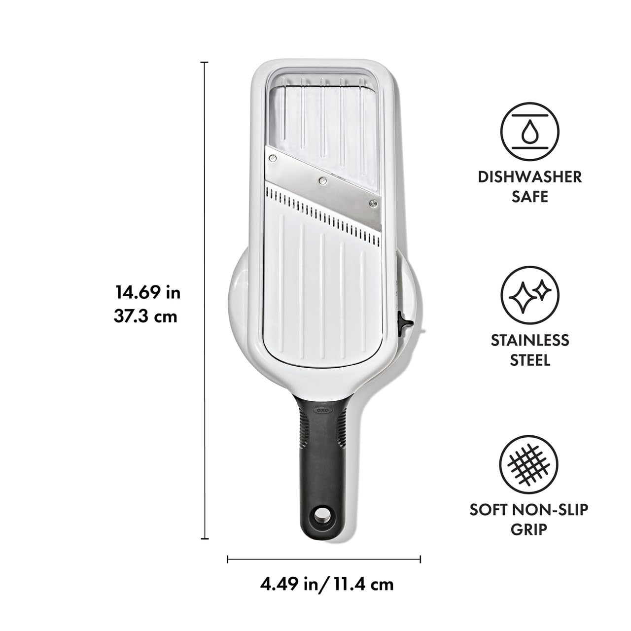 OXO side tab thickness selector detail for easy switching between slice sizes