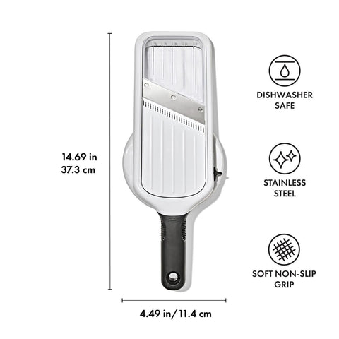 OXO side tab thickness selector detail for easy switching between slice sizes