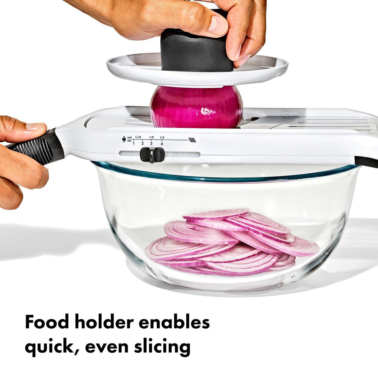 OXO thin slice comparison showing consistent slices ideal for salads and chips