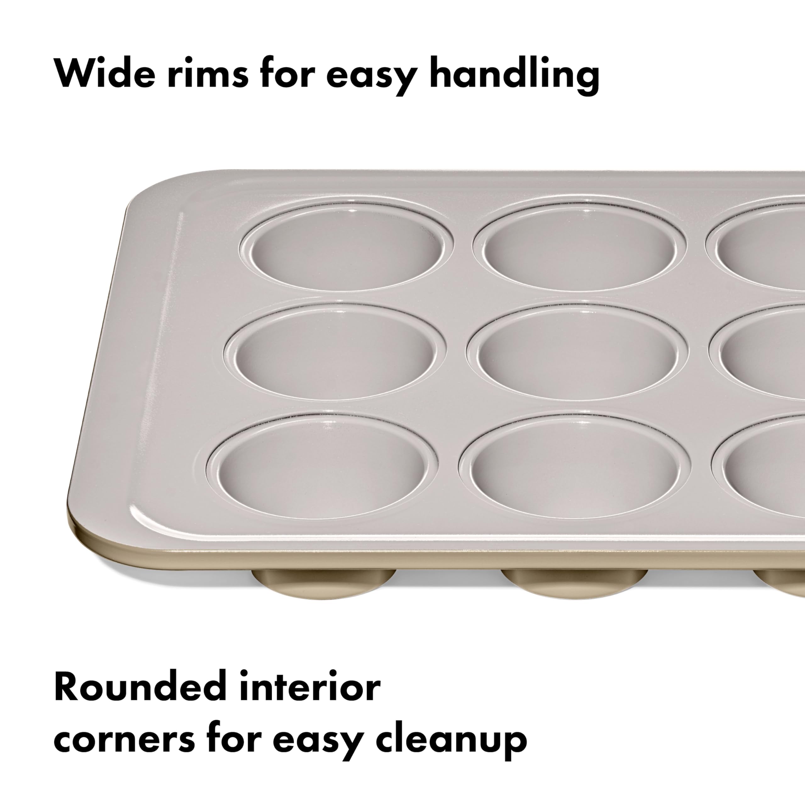 OXO Good Grips pan beside ruler for scale showing compact footprint and oven fit benefit
