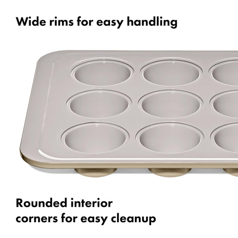 OXO Good Grips pan beside ruler for scale showing compact footprint and oven fit benefit