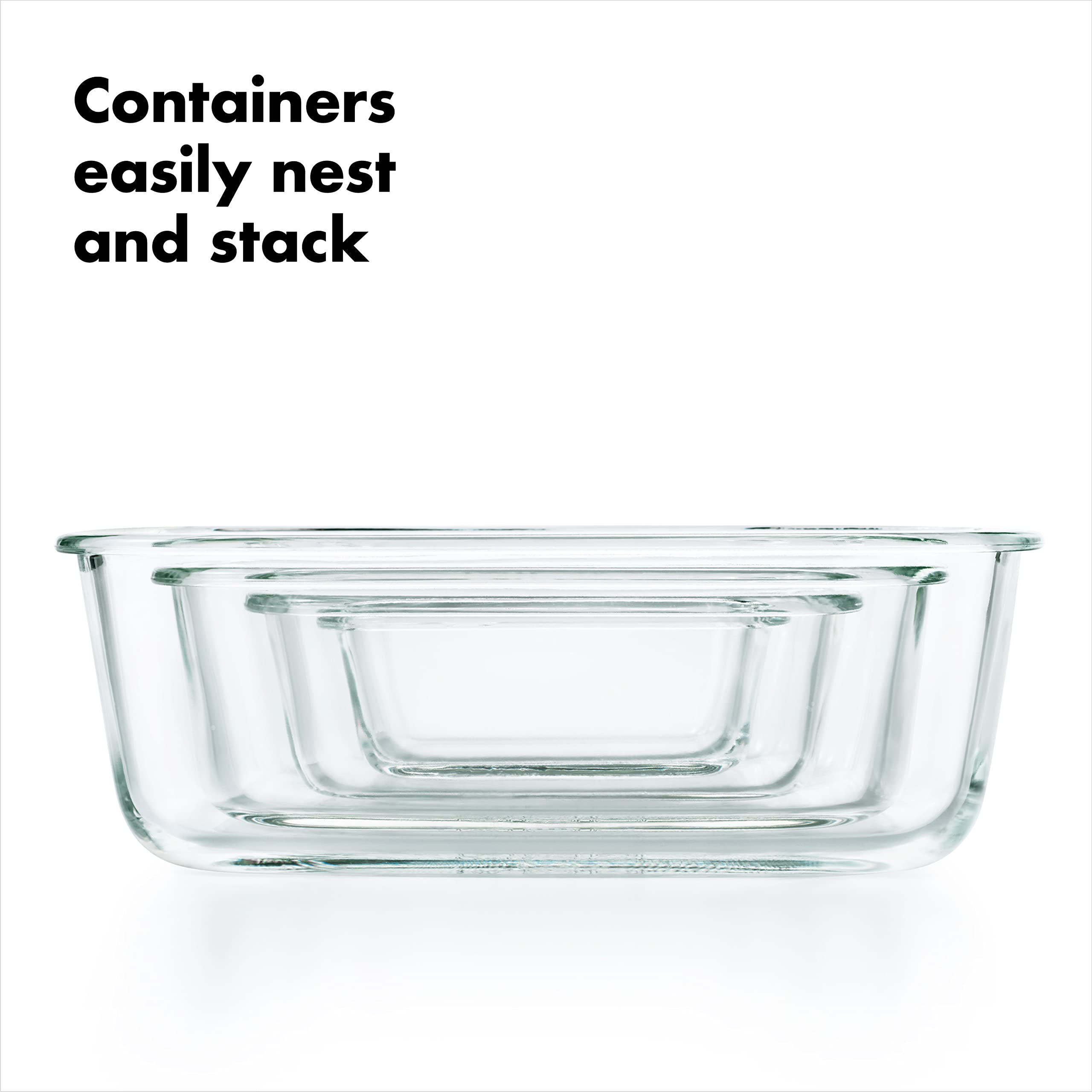 OXO nested glass containers in cabinet to show compact storage benefit