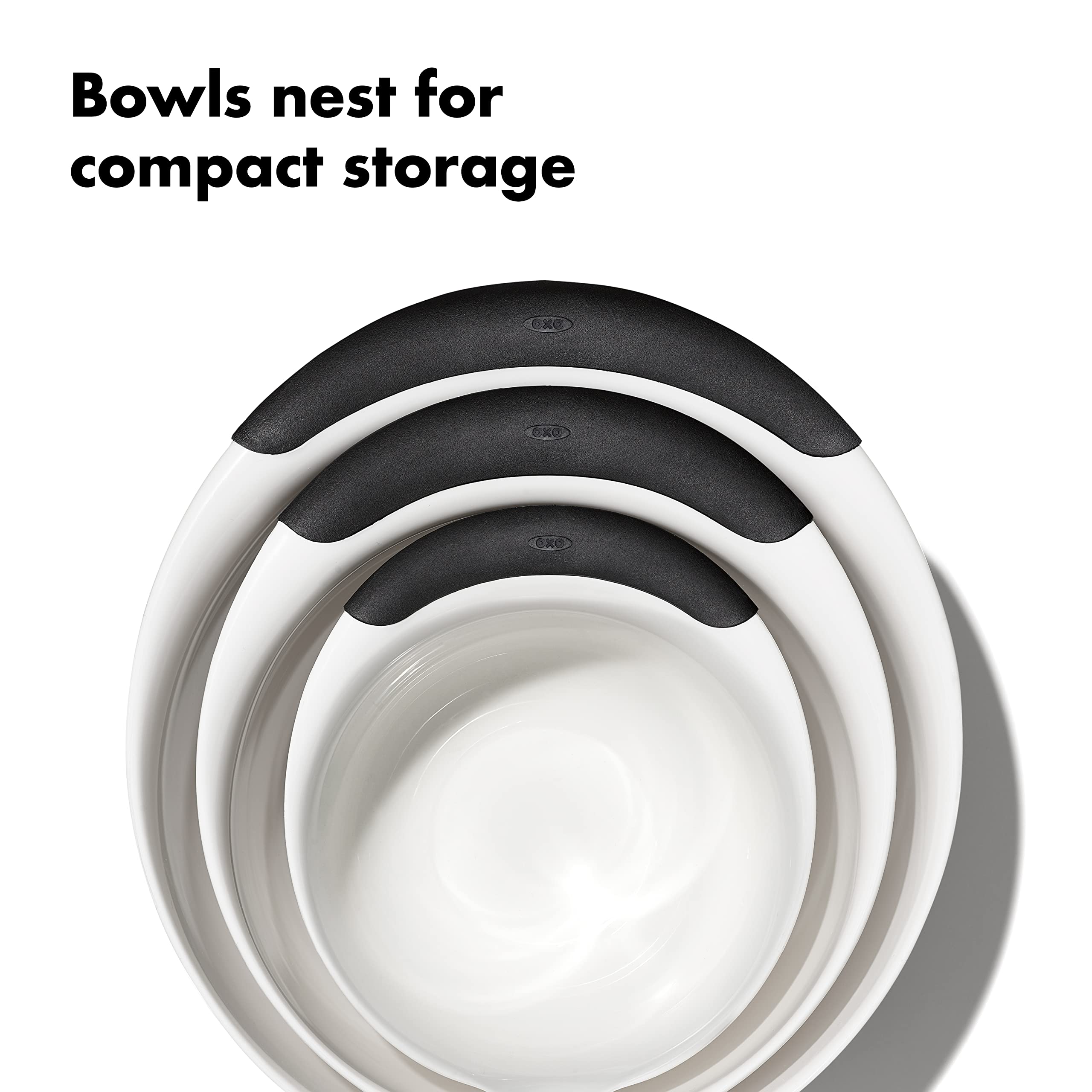 OXO nested bowls stacked for compact storage to save cabinet space