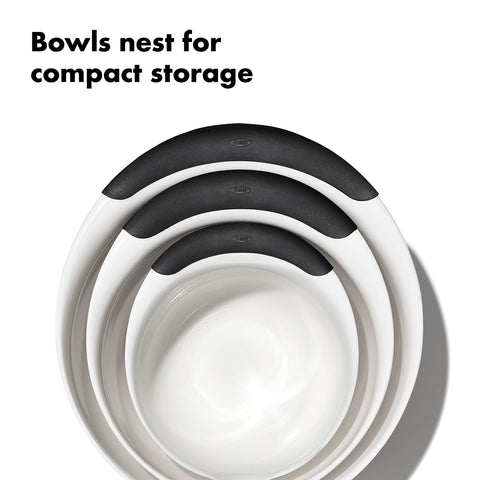 OXO nested bowls stacked for compact storage to save cabinet space