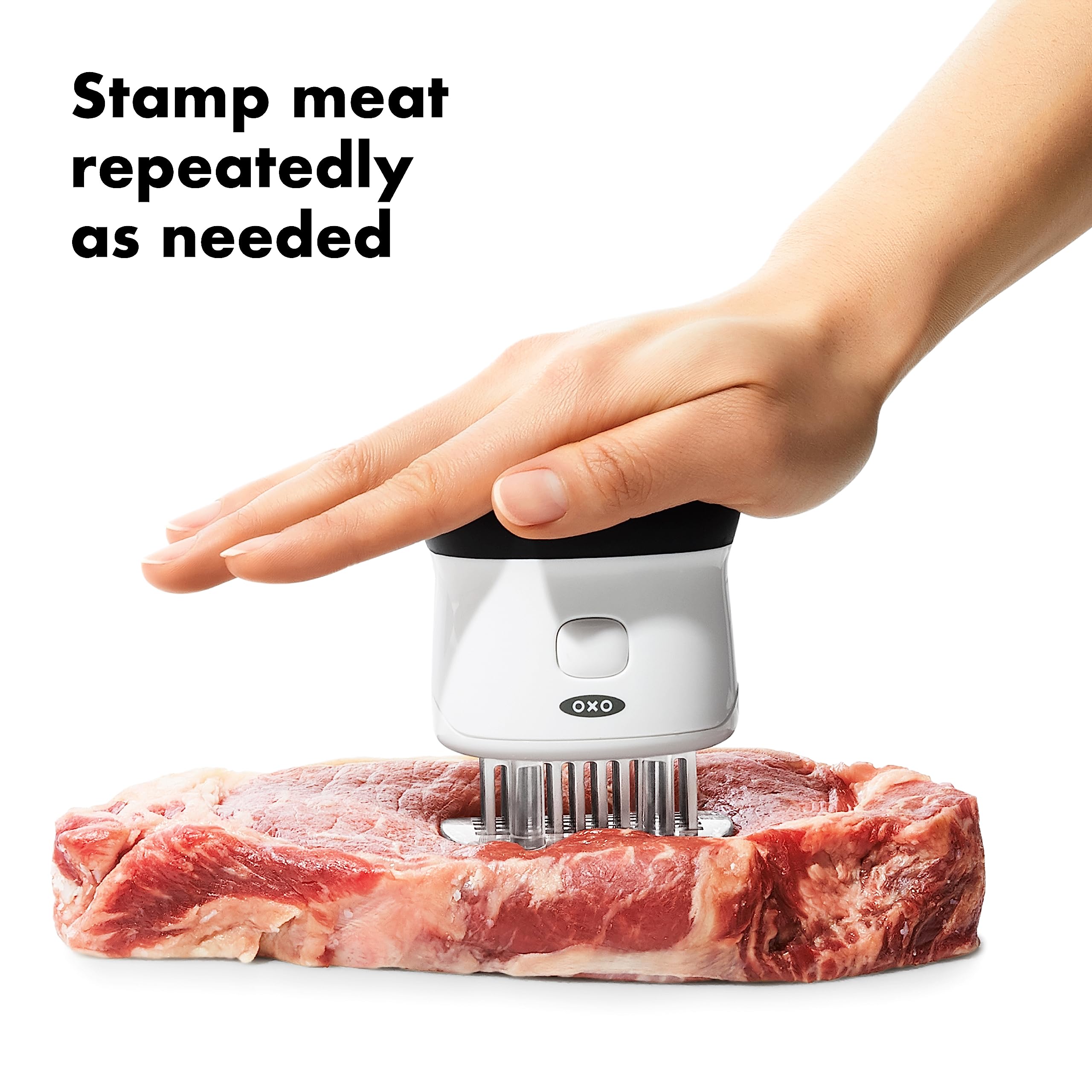 OXO contoured non-slip handle image conveying comfortable, controlled stamping