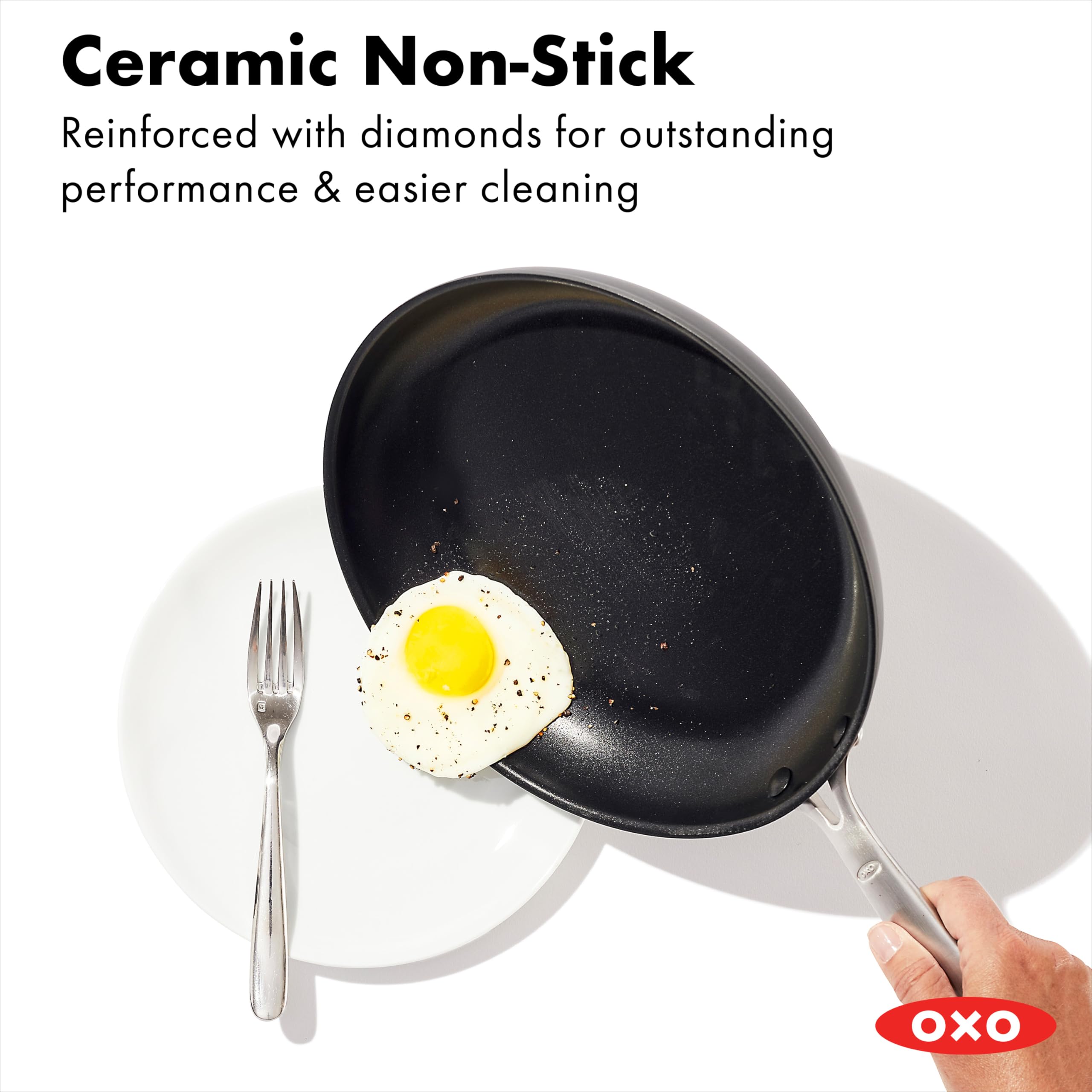 Close-up of OXO diamond-reinforced ceramic nonstick surface highlighting easy food release benefit