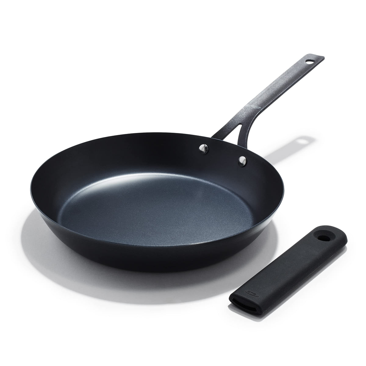 OXO Obsidian front view showing durable carbon steel and sleek finish for reliable searing