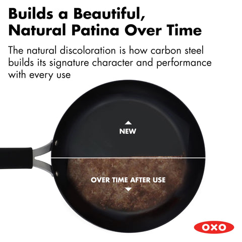 OXO Obsidian removable silicone sleeve on handle for comfortable, safe grip