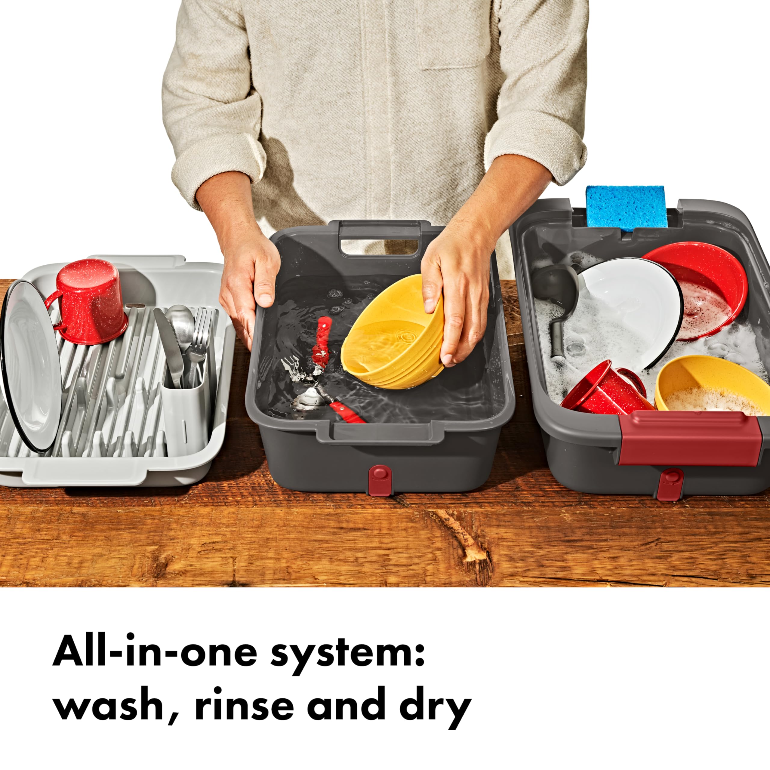 OXO deep wash bin filled for soaking pots and scrubbing cookware efficiently