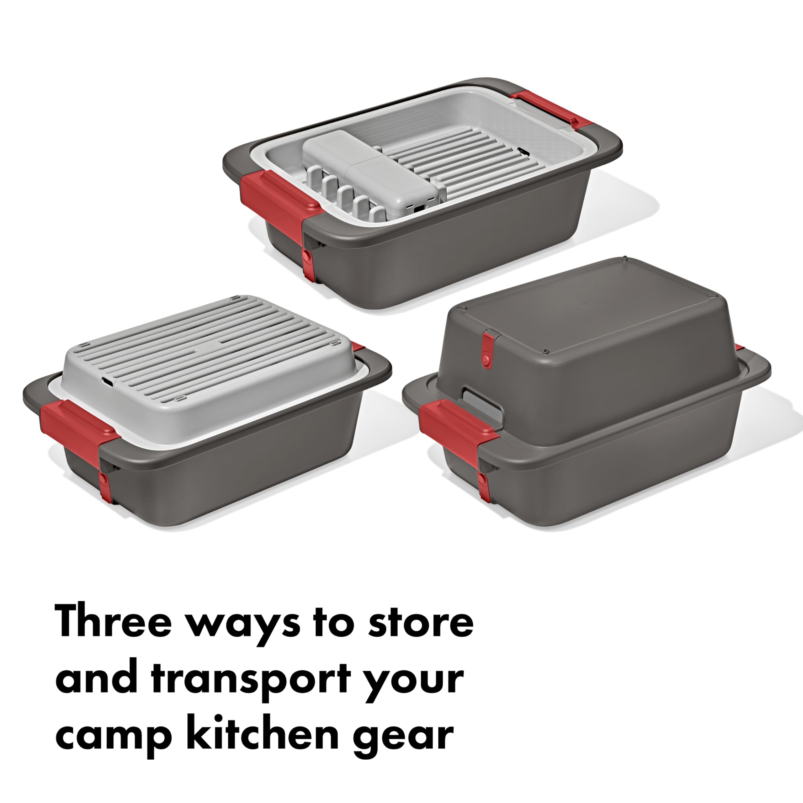 OXO nested bins and rack compactly stored for easy transport and packing