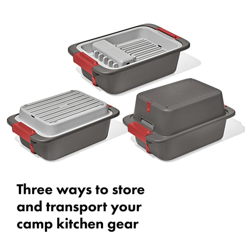 OXO nested bins and rack compactly stored for easy transport and packing