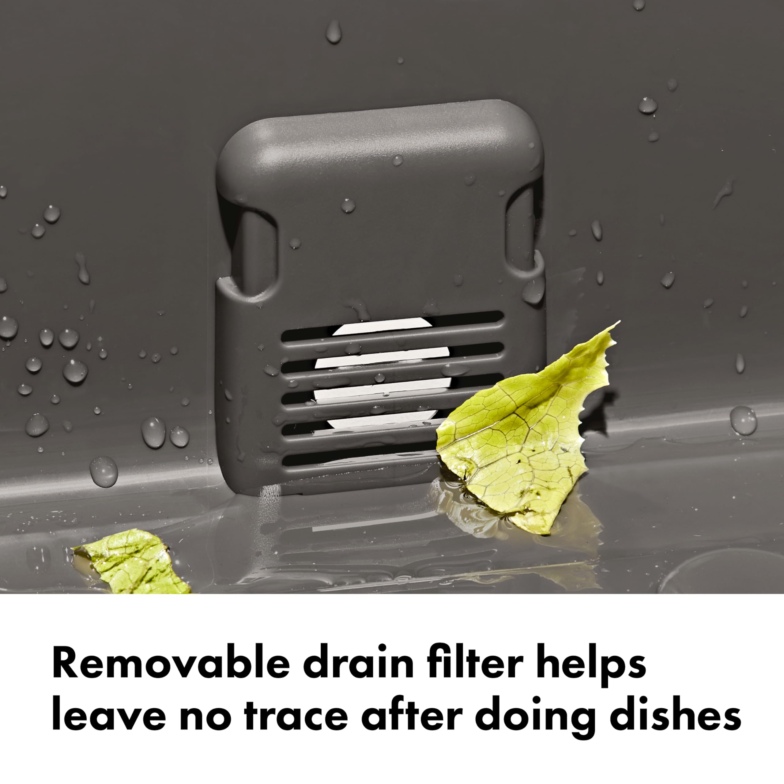 OXO removable drain filter capturing food debris for responsible disposal