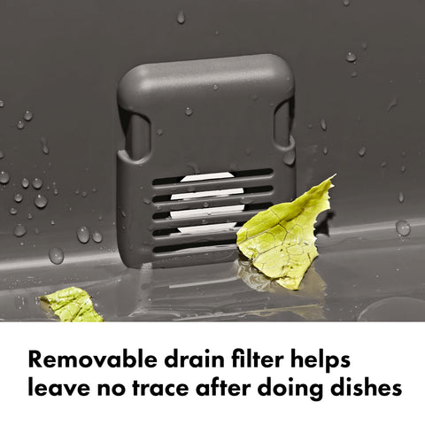 OXO removable drain filter capturing food debris for responsible disposal