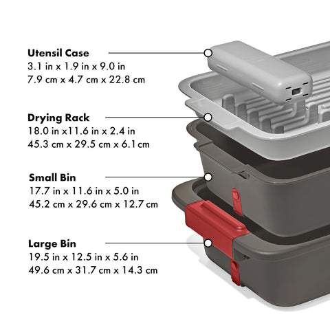 OXO rack beside a plate showing scale and capacity for mixed cookware