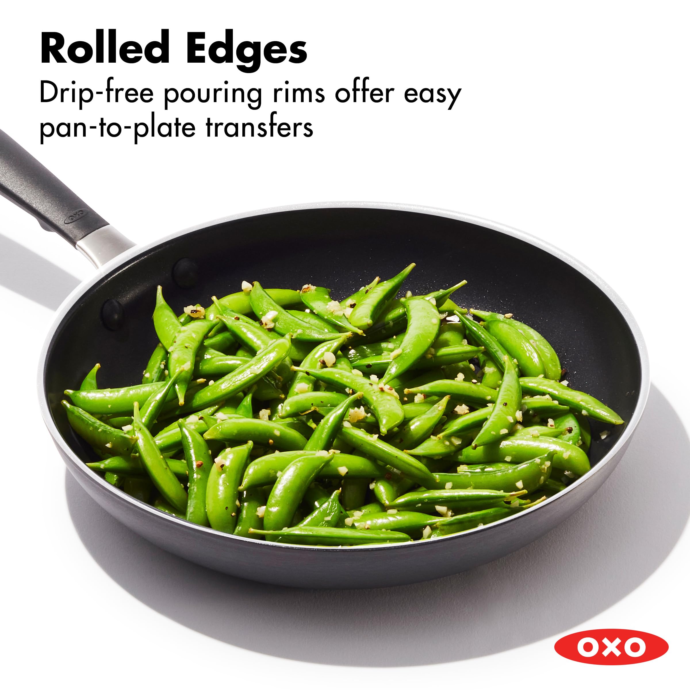 OXO pan in oven showing oven-safe use up to 392°F for flexible finishing benefit