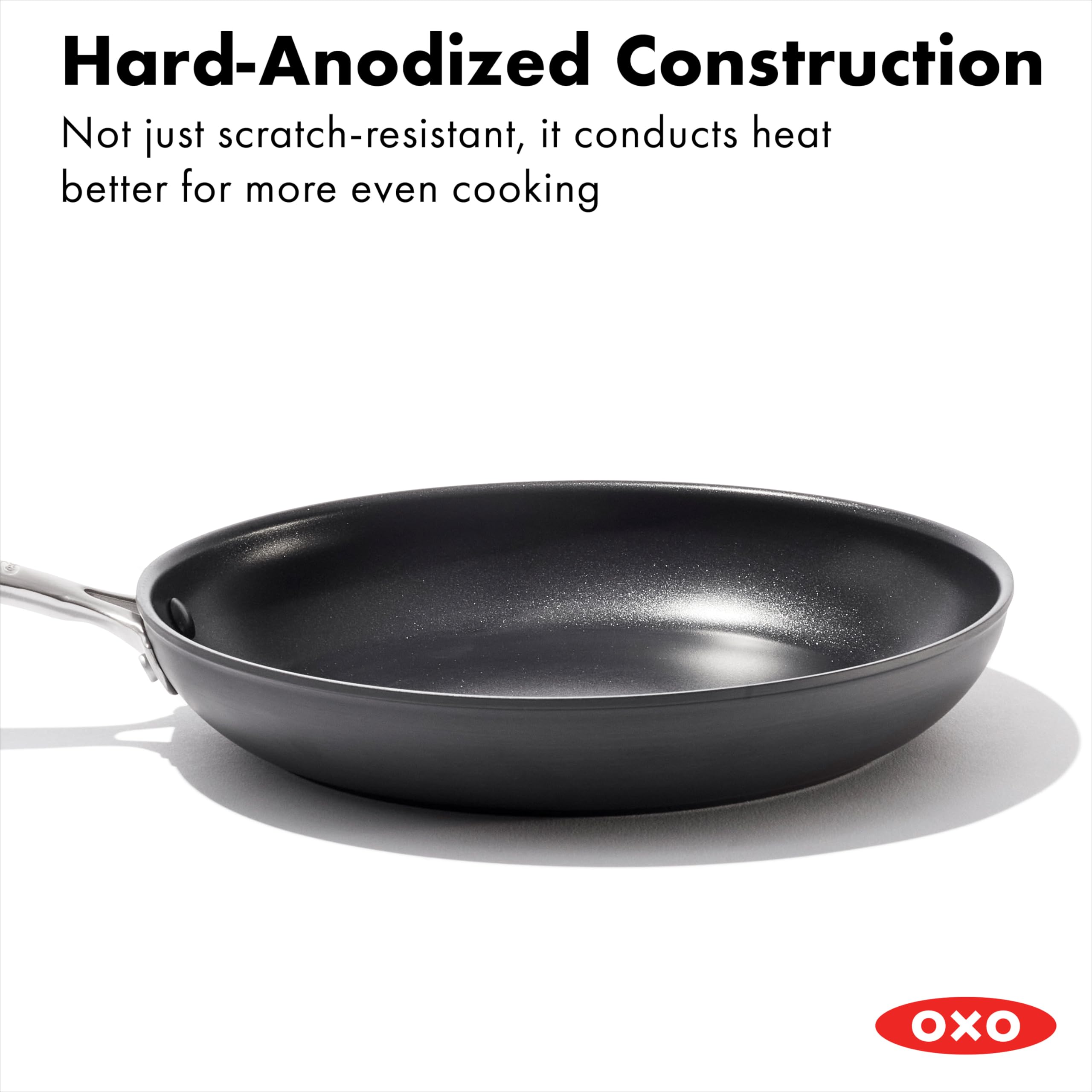 OXO frying pan placed inside an oven demonstrating oven-safe up to 430°F benefit